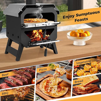 Happygrill Pizza Oven Outdoor, 12” Portable Wood-Fired Pizza Stove with Pizza Stone, Pizza Peel & Oxford Cloth Cover, Multi-Fuel Pizza Maker with Stainless Steel Roof for Patio Backyard Camping BBQ