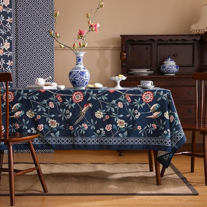 patdrea Designer Vintage Dark Blue Linen Rectangular Tablecloth,Navy French Floral and Birds Pattern Table Cloth,Decoration Table Cover for Kitchen,Dining,Tea Party,Home,Christmas,63"*94"