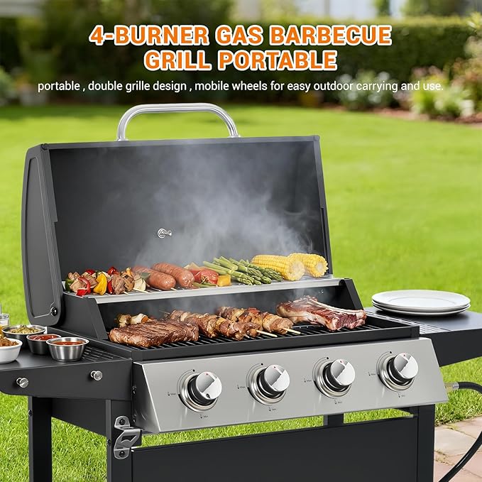 4-Burner Stainless Steel Gas Grill | 34,000 BTU Total Output & 421 sq.in Cooking Area | Powerful Even-Heat System for Large Family BBQs & Backyard Parties