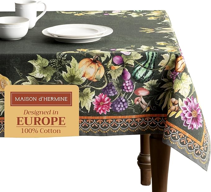 Maison d' Hermine Table Cloth Rectangle Table 100% Cotton 70 x 108 Inches Fall Tablecloth Reusable Everyday Use for Thanksgiving Christmas Decorations Dining Farmhouse (Pumpkin Garden - Dark Green)