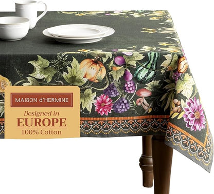 Maison d' Hermine Table Cloth Rectangle Table 100% Cotton 60 x 90 Inches Fall Tablecloth Reusable Everyday Use for Thanksgiving Christmas Decorations Dining Farmhouse (Pumpkin Garden - Dark Green)