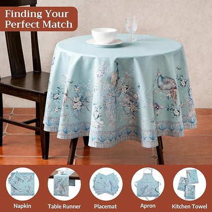 Maison d' Hermine Premium Table Cloth Round Table 100% Combed Cotton 70" Diameter Inches Tablecloth Reusable Decorative for Dining Room Home Party Festive Wedding - Peacock Utopia - Pastel Turquoise
