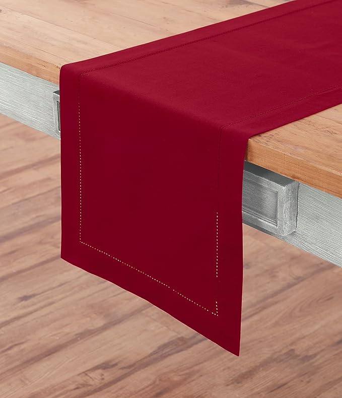 Solino Home Red Hemstitch Table Runner 60 Inches - Cotton Linen Small Table Runner 14 x 60 Inch Ideal for Dresser and Coffee Tables - Winter, Valentines