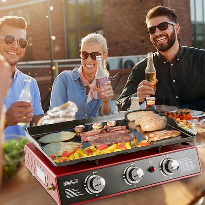 Royal Gourmet PD1301R 3 Burner Tabletop Propane Gas Griddle with Cover, 24 Inch Portable Griddle with 25,500 BTUs Output for Outdoor Cooking While Camping or Tailgating, Red