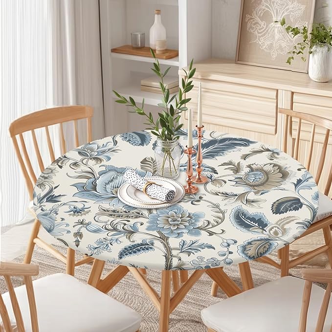 Vintage Floral Round Fitted Tablecloth with Elastic Blue Brown Chinoiserie Flower Circle Table Cloth for 40-44" Round Tables Wipeable Waterproof Elegant Rustic Table Cover for Dining Patio Picnic