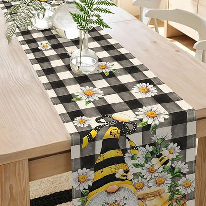 Seliem Spring Bee Gnome Table Runner, Honey Black White Buffalo Plaid Check Home Kitchen Dining Decor, Summer Seasonal Farmhouse Daisy Decorations Indoor Outdoor Anniversary Party Supply 13 x 48 Inch