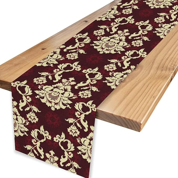Red Damask Table Runner, Gothic Boho Baroque Style Floral Flower Antique Classic Rustic Vintage Coffee Table Center Decor for Kitchen and Dining Outdoor Home Country Party Table Decorations, 13"x36"