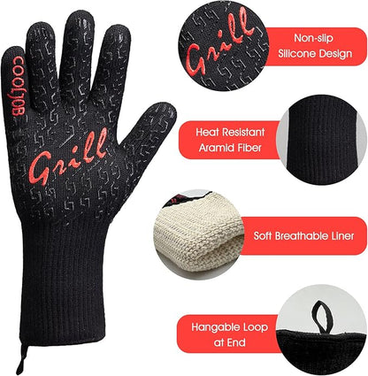 COOLJOB Heat Resistant BBQ Gloves for Hot Temperature Cooking, Barbecue Grilling or Baking Bread Pizza, 800 Degrees Safe Oven Mit with Fingers, Aramid Fiber with Silicone Grip, One Size, Black