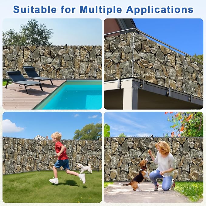 UPGRADE 4'x23'Customized PVC Privacy Fence Screen with Stone Wall Print – Outdoor Waterproof Patio Privacy Cover for Yard, Balcony, Garden Fence Decoration