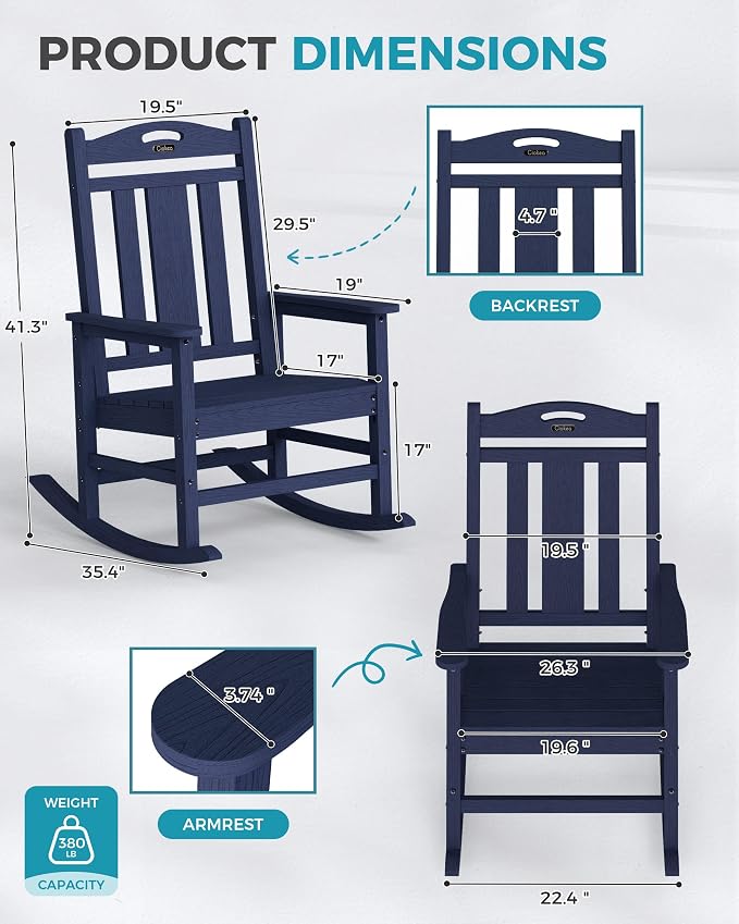 Oversized Outdoor Rocking Chairs, HDPE Patio Rockers, Deep Navy Blue | High - Image 3