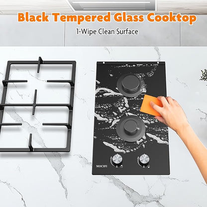 2 Burner Gas Cooktop, 12 Inch Built-in Propane/LPG/NG Dual Fuel Stove, Black Tempered Glass Hob with Thermocouple Protection & Adjustable Flame, for Apartment, Kitchen, RV