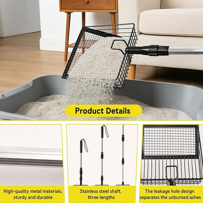 Long Handle Fireplace Ash Sifter, Hollow Out Metal Coal Shovel with 3-Section Adjustable Handle, Heat Resistant Charcoal Shovel Scoop for Wood Stove, Fireplace, Fire Pit and Grill