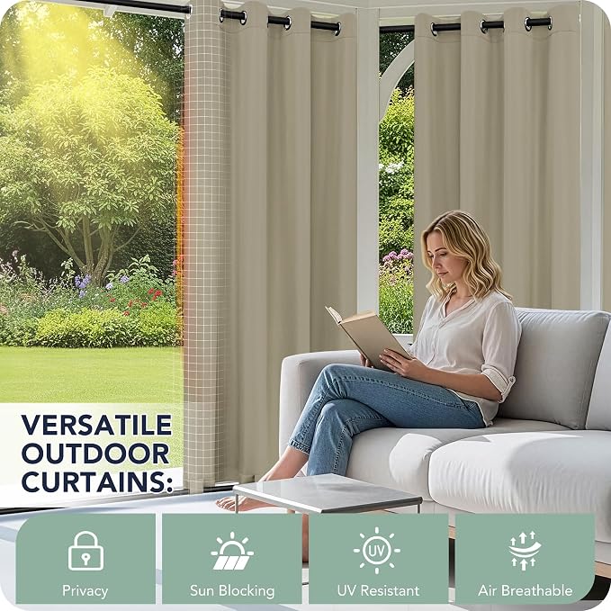 Outdoor Curtains for Patio Waterproof 6 Panels, Porch Sun Shade | Weatherproof - Image 3