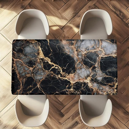 Rectangle Table Cloth Cover Waterproof Elastic Fitted Polyester Fitted Tablecloths for 6 Foot Tables for Indoor,Picnic, Camping, Outdoor （72" x 30"，Black Marble）