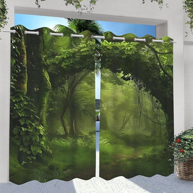 Nature Theme Outdoor Curtains for Patio Waterproof,Forest Pattern,Privacy Curtains for Porch Pergola Arbor Lanai Pool House Outside Deck,Set of 2 Panels,W54 x L108,Green