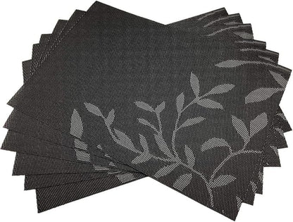 Gugrida Place Mats PVC Set of 6, Table Placemats Set of 6 PVC Woven Vinyl Place Mats Table Mats Natural Color (6 pcs, Black Leaves)