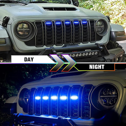 MAIKER RGB LED Grille Lights Compatible with 2024-2025 Jeep Wrangler JL JLU JT Original Factory Grille, 5PCS RGB Adjustable Atmosphere Exterior Grill Lights Remote APP Control
