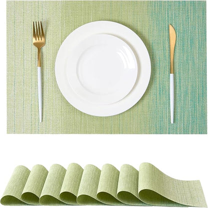 Leetaltree Gradient Green Woven Placemats Set of 8 - Heat Resistant Non-Slip Place mats for Dining Table, Washable Durable PVC Vinyl Woven Table Mats(Gradient Green, 8)