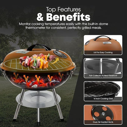 GasOne CG-14T – 14-inch Portable Barbecue Grill with 3-Point Locking Lid for Heat Preservation – Dual Venting System – Small Charcoal Grill for Backyard, Camping, Boat