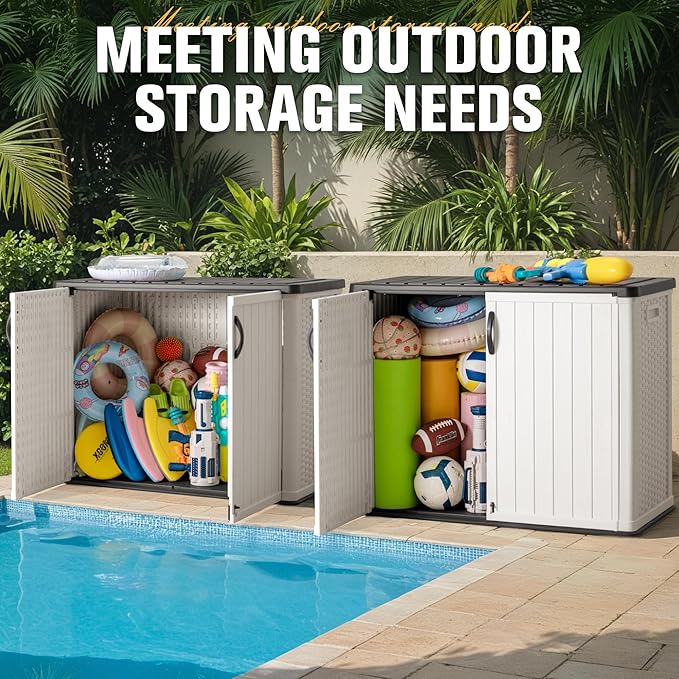 Greesum Outdoor Horizontal Storage Sheds 27 Cu.ft Resin Large Storaged Box Weather Resistance, Without Shelf, Easy to Assemble, Prefect for Garden, Patios, Backyards, White