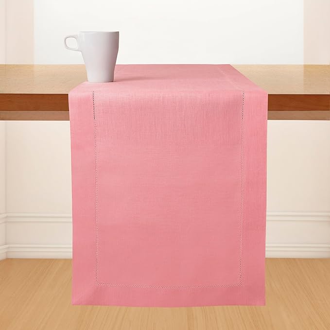 D'Moksha Homes Linen Dusty Pink Table Runner 48 Inches - Classic Hemstitch, 100% Pure Linen Coffee Table Runner 14 x 48 Inch Ideal for Dresser Tables, Valentines, Spring, Easter