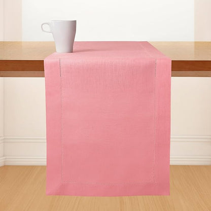 D'Moksha Homes Linen Dusty Pink Table Runner 60 Inches - Classic Hemstitch, 100% Pure Linen Coffee Table Runner 14 x 60 Inch Ideal for Dresser Tables, Valentines, Spring, Easter