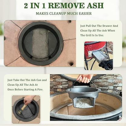 KAMaster 2 in 1 Cast Iron Ash Can Fit Kamado Grill Classic Joe,With Stainless Steel Slid Out Ash Drawer Remove Ash Easier,Ash Can With Foldable Handle Can Use With Fire Grate Or Charcoal Fire Basket