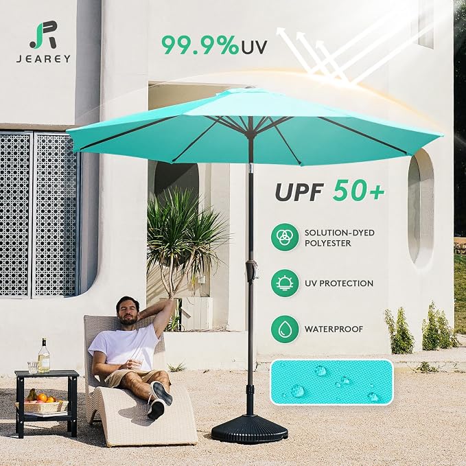 JEAREY 10 ft Outdoor Patio Umbrella w/Tilt and Crank, Turquoise | 8 Sturdy Ribs - Image 3