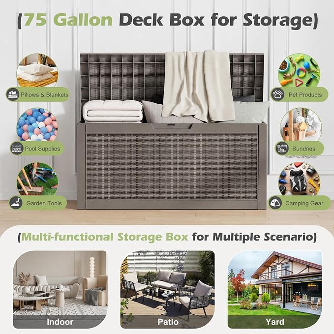 Outdoor Storage Box, 75 Gallon Resin Deck Boxes Outdoor Waterproof - Image 3