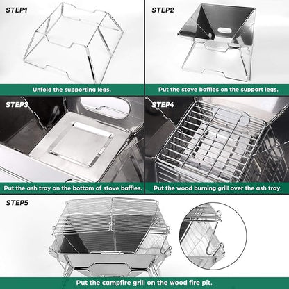 Odoland Folding Campfire Grill, 304 Stainless Steel Grate Barbeque Grill, Portable Camping Grill with Legs for Picnics, Backpacking, Outdoor with Carrying Bag and Kitchen Tongs