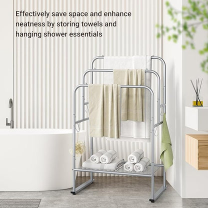 ELYKEN 40'' Tall Standing Towel Racks, 3 Tier Towel Drying Rack Outdoor, Pool Towel Stand Blanket Holder with Shelf & 4 Removable Hooks, Metal Freestanding Towel Racks for Bathroom, Smooth Silver