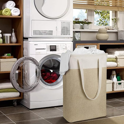 Laundry Hampers 15.2Lx7.5Wx23H Small&Tall Slim Fabric Laundry Baskets Thin Narrow Beige+Khaki Compact Hamper Capacity 43L for Space-Saving,QY-SC24-2