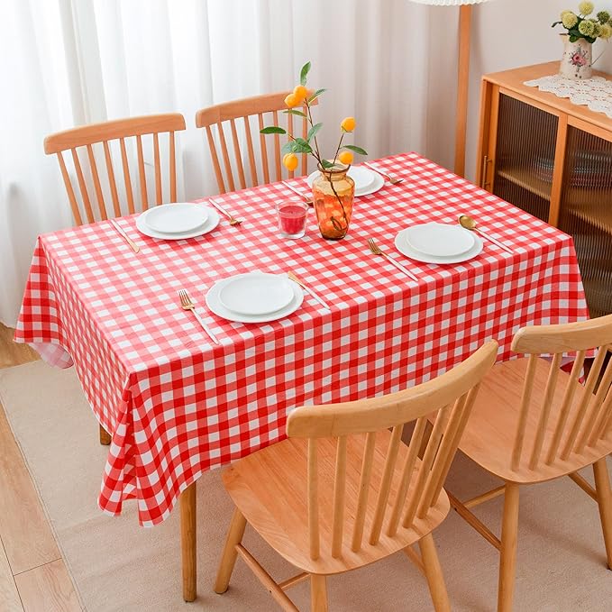 Nasitos 2 Pack Vinyl Picnic Table Cover 60x84 Inch-Flannel Backed Rectangle Waterproof Tablecloth Checkered, Wipeable Plastic Table Cover Red and White for Dinner Party, Picnic, Outdoor