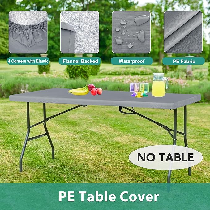 LUSHVIDA 6 Packs Vinyl Tablecloths with Flannel Backing for 6ft Rectangle Folding Table Cloths - Waterproof Plastic Picnic Table Covers with Elastic Corners, 30x72 inch, Light Gray