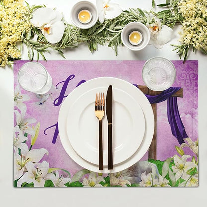 Giwawa He is Risen Placemats, Easter Cross Lamb Linen Washable Place Mat, Spring Lily Flowers Heat Resistant Table Mats for Kitchen Dining Holiday Party Decor, Set of 4, 12x18 Inch