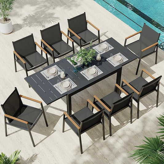 Expandable Outdoor Patio Dining Table Set for 6-8 Person, Aluminum Outdoor Table and 8 Chairs with Textilene Fabric & HDPS Armrest, All-Weather Patio Furniture Set for Yard, Garden, Gray