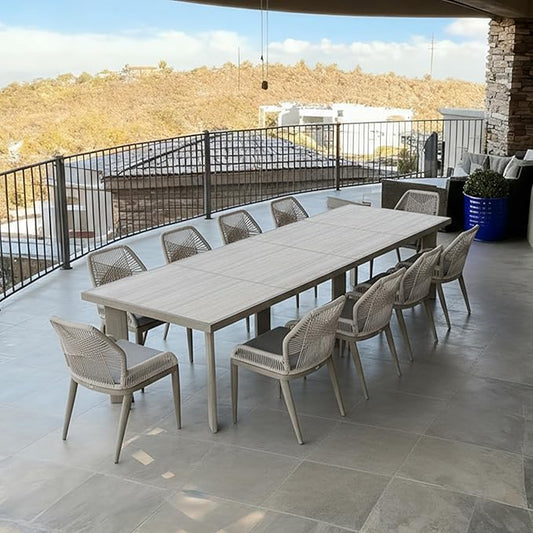 PURPLE LEAF 11 Pieces Patio Dining Set Aluminum Oversize Rectangular Table and Wicker Chairs with Cushions for Kitchen Porch Garden Modern Outdoor Furniture Sets, Light Grey
