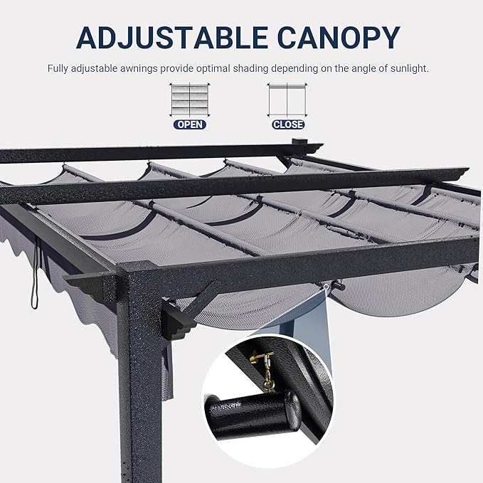10'x12' Outdoor Pergola with Retractable Canopy | Patio Metal Heavy-Duty Gazebo - Image 4