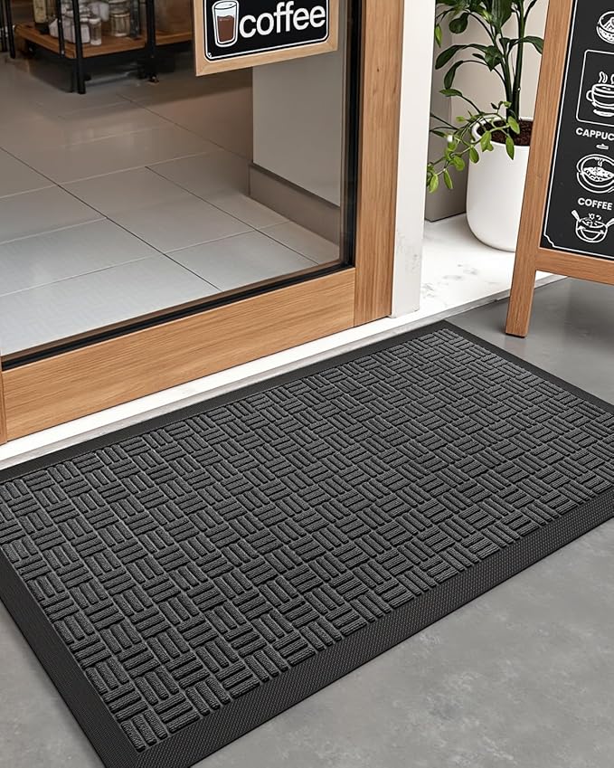 DEXI Front Door Mat Outside Entrance, 2x4 ft Rubber Entry Doormat Heavy Duty, Welcome Mats Non Slip for Inside House Floor Entryway Double Doors Exterior Patio, Maze Black