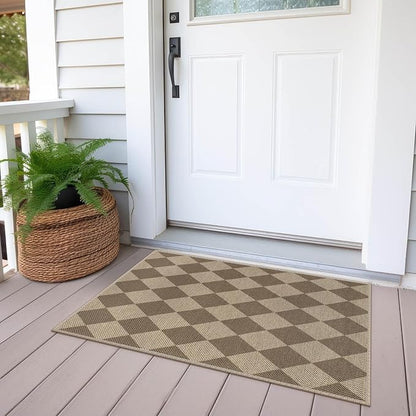 Easy Jute Checkered Entryway Rug, 2x3 Brown Modern Indoor Outdoor Doormat, Washable Non-Slip Neutral Small Kitchen Rug Farmhouse Diamond Throw Rugs for Entrance Bedroom Bathroom