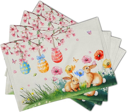 Giwawa Easter Placemats Set of 4 Spring Bunny Rabbits Flowers Place Mat 12x18 Inch Colorful Eggs Tree Floral Table Mats Washable Satin Resistance for Party Kitchen Dining Holiday Decor