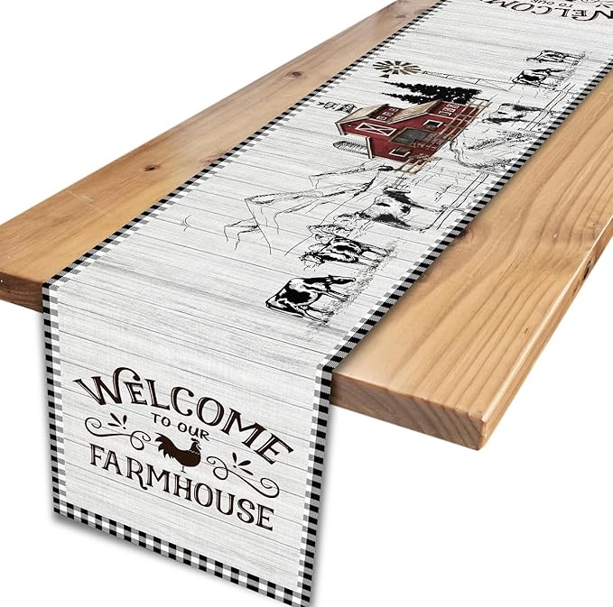 Farmhouse Rooster Table Runner, Rustic Farm Animals Cow Pig Chicken Coffee Table Center Decor for Home Kitchen Dining Patio Holiday Party Indoor Outdoor Table Decorations, 13"x90" Inch