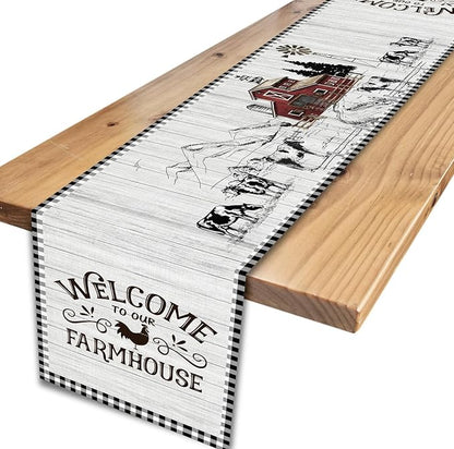 Farmhouse Rooster Table Runner, Rustic Farm Animals Cow Pig Chicken Coffee Table Center Decor for Home Kitchen Dining Patio Holiday Party Indoor Outdoor Table Decorations, 13"x36" Inch