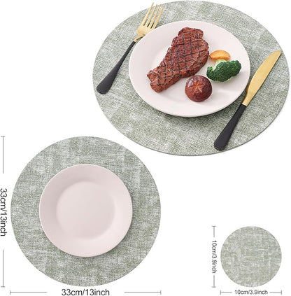 Homaxy Round Faux Leather Placemats and Coasters, Washable Dual-Side Table Mats, Wipeable Heat-Resistant Dining Place Mats for Outdoor and Indoor, Set of 4, Diameter 13 and 3.93 inch, Grass Green