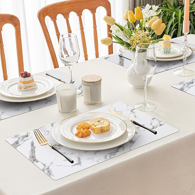 Romanstile Vinyl Placemats Set of 6-12 X 17 Inch - Heat Resistant Place Mats 100% Waterproof Oilproof Wipeable Reversible Faux Leather Table Mats for Kitchen, Dining, Party, Outdoor, Marble