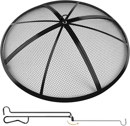 Fire Pit Spark Screen, Outdoor 27 Inch Round Fire Pit Screen with Foldable Hook and Fire Safety Gloves, Heavy Duty Steel Mesh Fire Pit Cover, Fire Pit Lid for Backyard, Beach, RV Camping