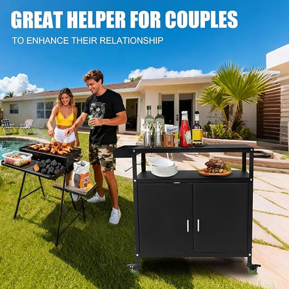 Grill Cart with Storage, Outdoor Bar Cart Rolling BBQ Cart Movable Pizza Oven Table Stand with Foldable Stainless Steel Top & Storage Cabinet, Black（34.6 x 17.7 x 34.6 Inch）