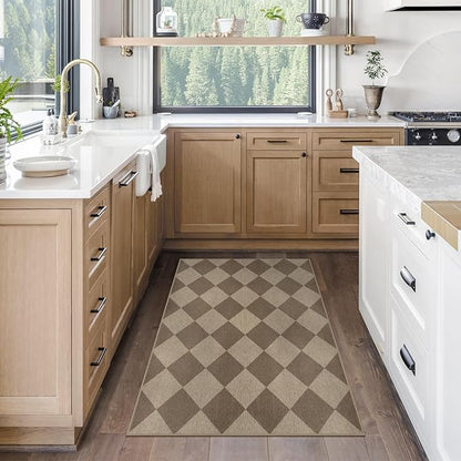 Easy Jute Checkered Entryway Rug, 2.6x4 Brown Modern Indoor Outdoor Doormat, Washable Non-Slip Neutral Kitchen Rug Farmhouse Diamond Throw Rugs for Entrance Bedroom Bathroom