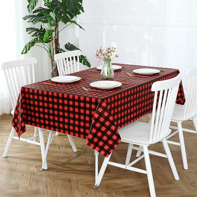 Romanstile Rectangle Vinyl Tablecloth, 100% Waterproof Buffalo Gingham Plastic Table Cloth, Heavy Duty Wipeable Checkered Table Covers for Outdoor, Camping, Picnic, Patio - 60 x 102, Black and Red