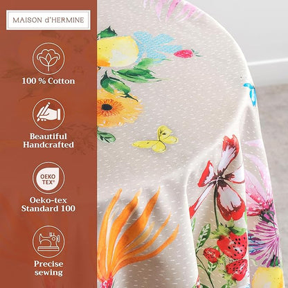 Maison d' Hermine Table Cloth Round Table 100% Cotton 69 Inches Tablecloth Reusable Decorative Everyday Use for Dining Room, Farmhouse, Home Party, Festive & Wedding Spring Summer - Jardin D'Ete - Fog
